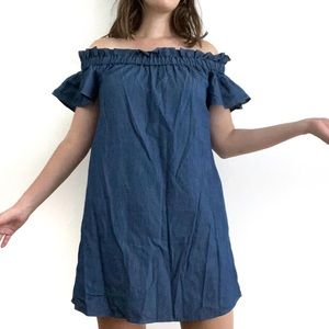 Blue denim-like material flowy off the shoulder dress with ruffled neckline